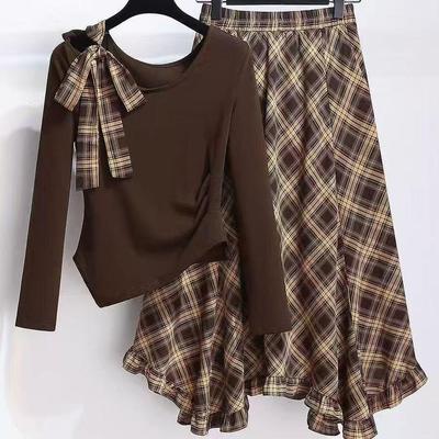 Spring 2025 Women's Plaid Midi Skirt Two-Piece Set - Casual Petite Fashion