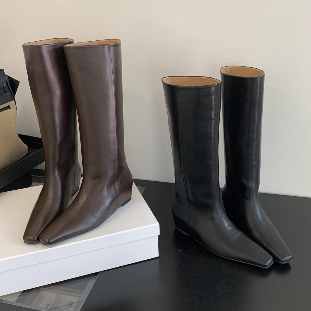 Fashion Eilyken Soft Leather Pointed Toe Women Knee High Boots Fashion Wedges Low Heels Ladies Shoes Long Booties Zapatos De Mujer