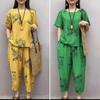 Ensemble 2 Pièces pour Femme Haut Pantalon Col Rond Lâche Doux Manches Courtes Respirant Été Imprimé Plumes Ceintures Élastiques Ensemble Pyjama d'Été pour Port Quotidien