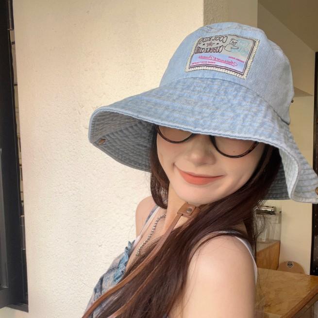 Korean Version Sticker Bear Denim Bucket Hat Women's Spring and Summer Retro Big Brim Mountaineering Hat Showing Face Small Sunshade Sunscreen Hat