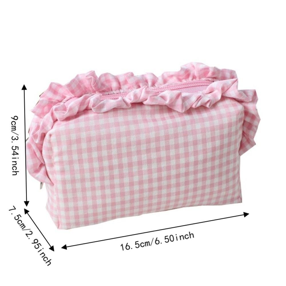 Gingham Plaid Ruffle Edge Makeup Bag Large Capacity Toiletry Bag Plaid Pattern Cosmetic Bag  Travel