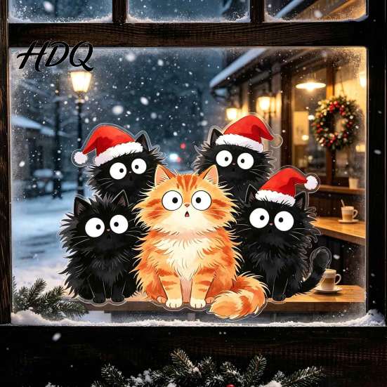 DIY Christmas Scene Window Decals Cling Cartoon Cats Sticker with Santa Hat Removable Indoor Outdoor Holiday Decor PVC Static Glass Decal