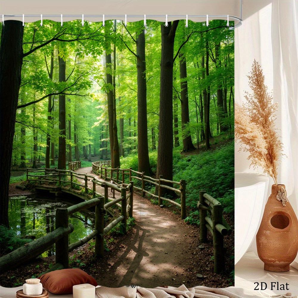 Forest Path Shower Curtain Green Trees and Wooden Bridge Print Polyester Bath Curtain with 12 Hooks for Nature Decor