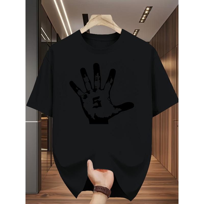 European Sizes Fashionable Casual Men'S Round Neck Short-Sleeve T-Shirt with a Number 5 Handprint Design