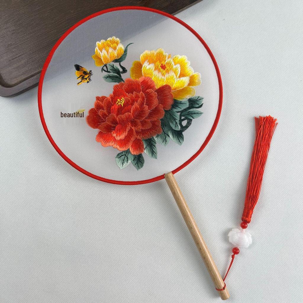Ancient Chinese Round Hand Fan: Suzhou Double-Sided Embroidery with Peony Design for Hanfu Dance