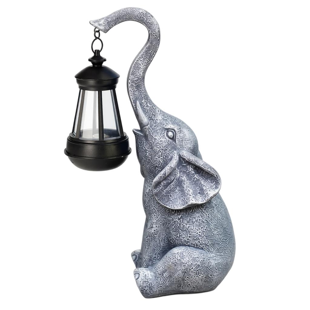 Outdoor Elephant Statue Solar Lantern Garden Decor Resin Animal Sculpture Yard Ornament with Hanging Lantern for Patio Pathway Lighting
