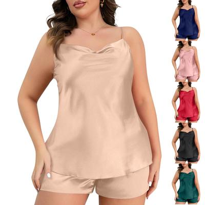 Women's Faux Silk Plus Size Strapless Tank Top With Sleeveless Shorts Ice Silk Homewear Pajama Set