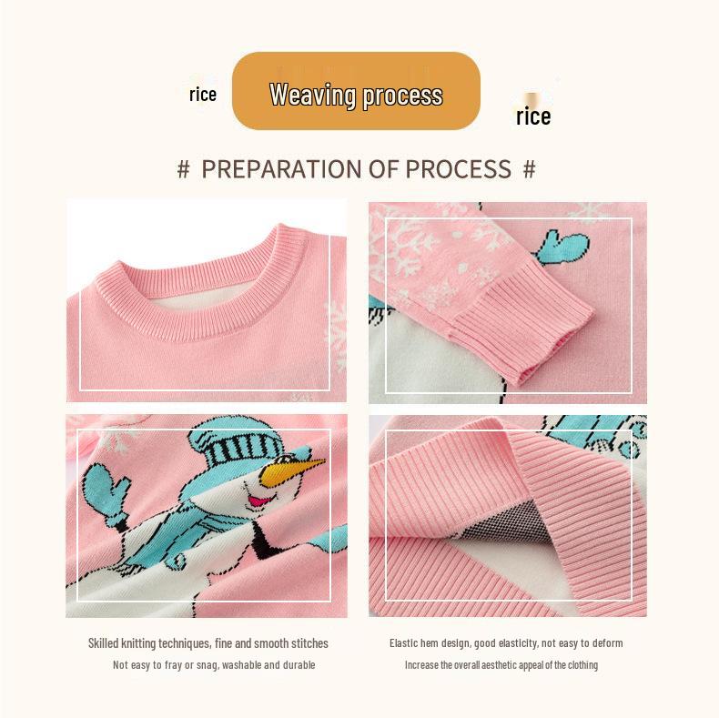 Girls' Double-Layer Snowman Jacquard Knit Pullover - Long-Sleeved Christmas Sweater for Autumn and Winter