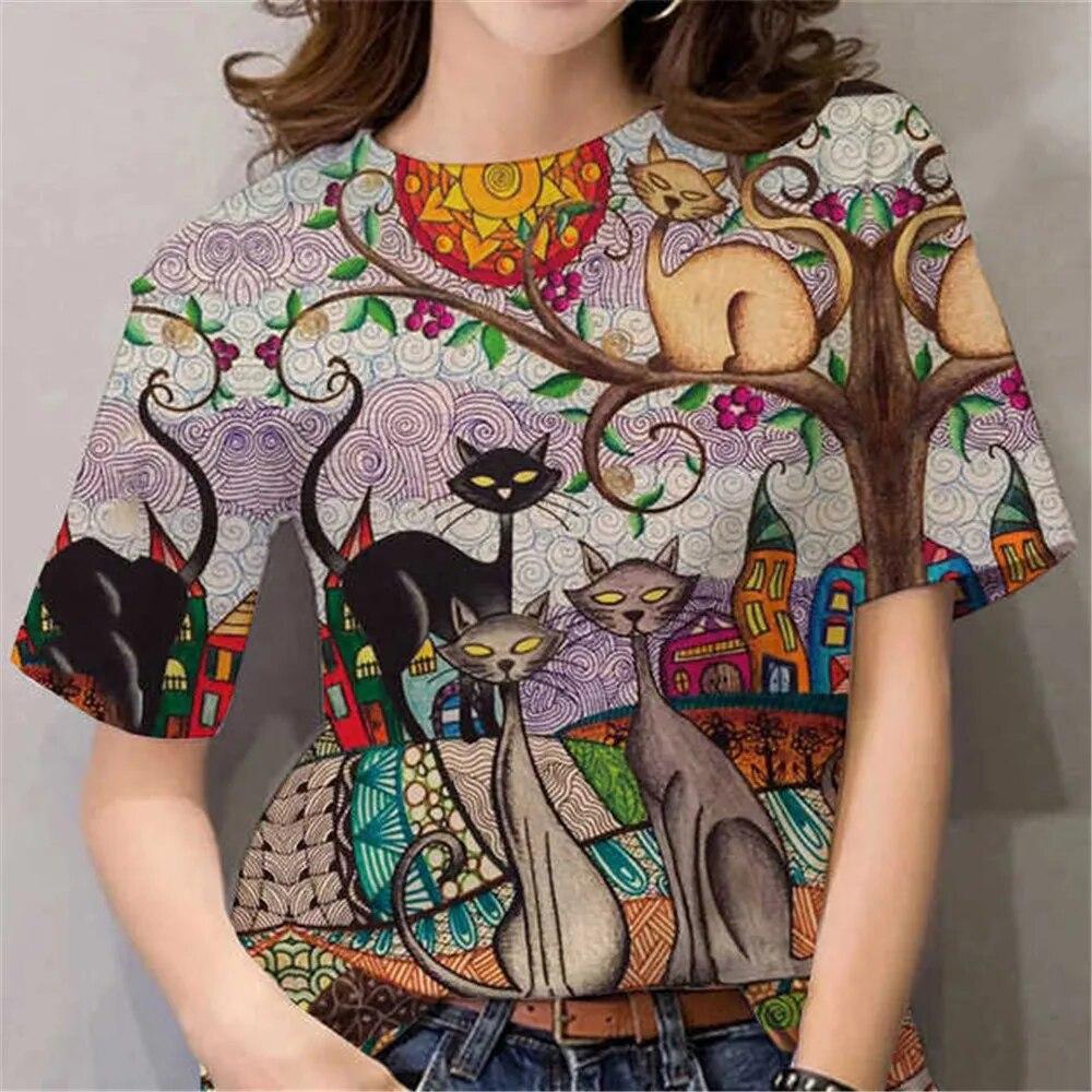 Camiseta para Mujer con Estampado 3D de Gato de Anime de Dibujos Animados, Cuello Redondo, Manga Corta Blanca, Ropa para Mujer, Tops de Verano Casual, Sudadera