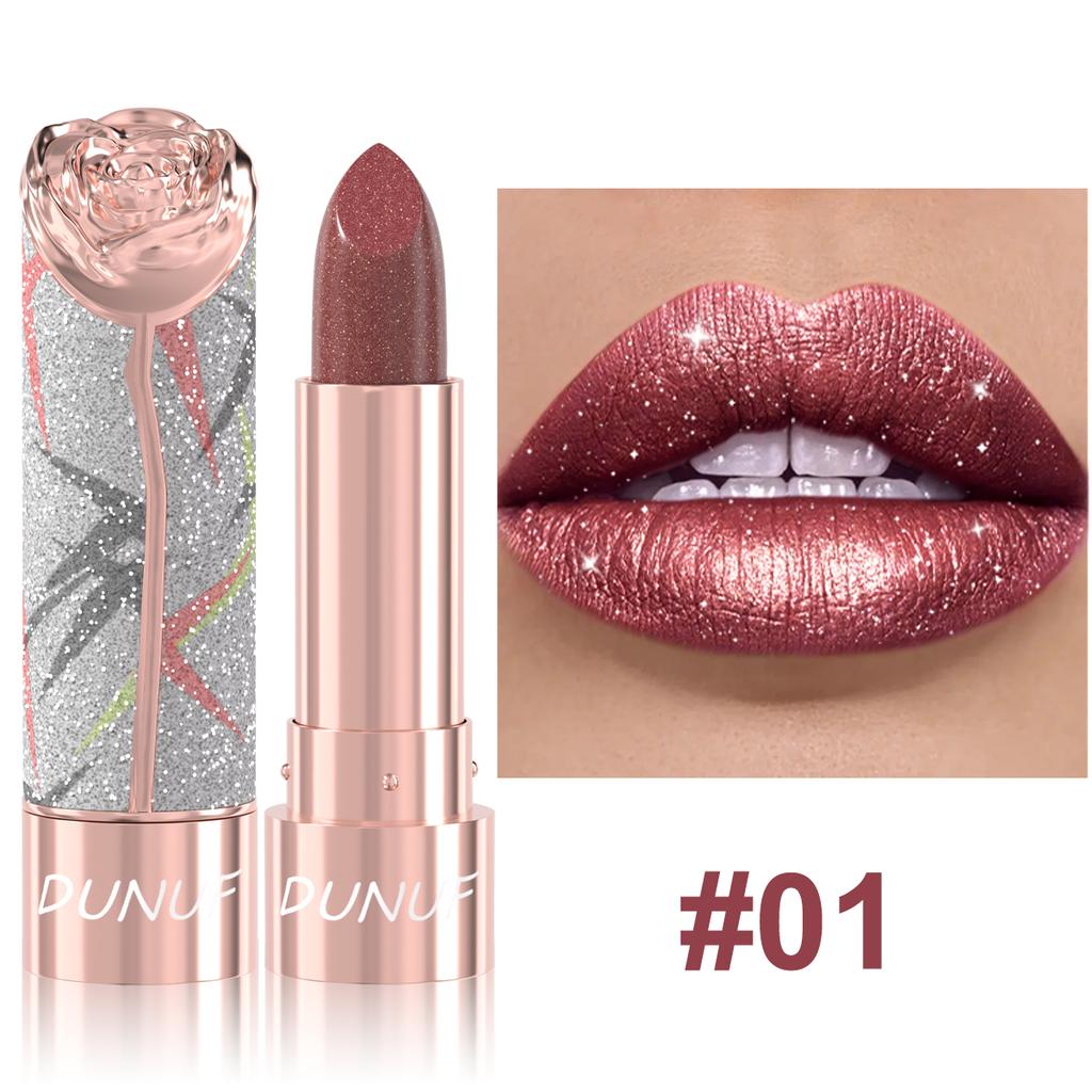 DUNUF 7-Color Metallic Shine Lipstick, Glitter Shimmer Waterproof Long-Lasting Lip Makeup