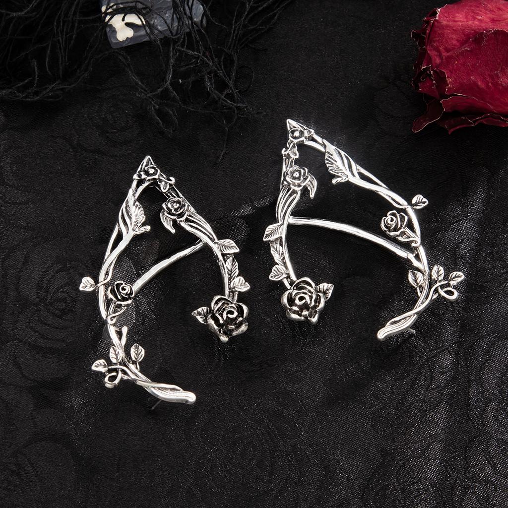 SHIXIN 1 Paio Clip per Orecchio a Forma di Fiore di Rosa Vintage per Donne Goth Fata Ear Cuff Orecchini Piercing Gioielli di Halloween Decorazione per Orecchie