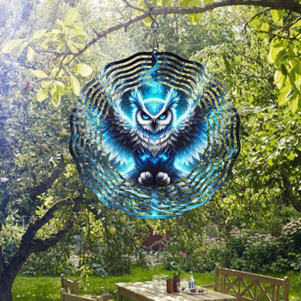 1pc Ice Blue Phantom Owl Wind Spinner - 2D Dynamic Hanging Art with 360° Swivel Hook, Vibrant Blue & Black Metal Garden Decor for Outdoor Yards
