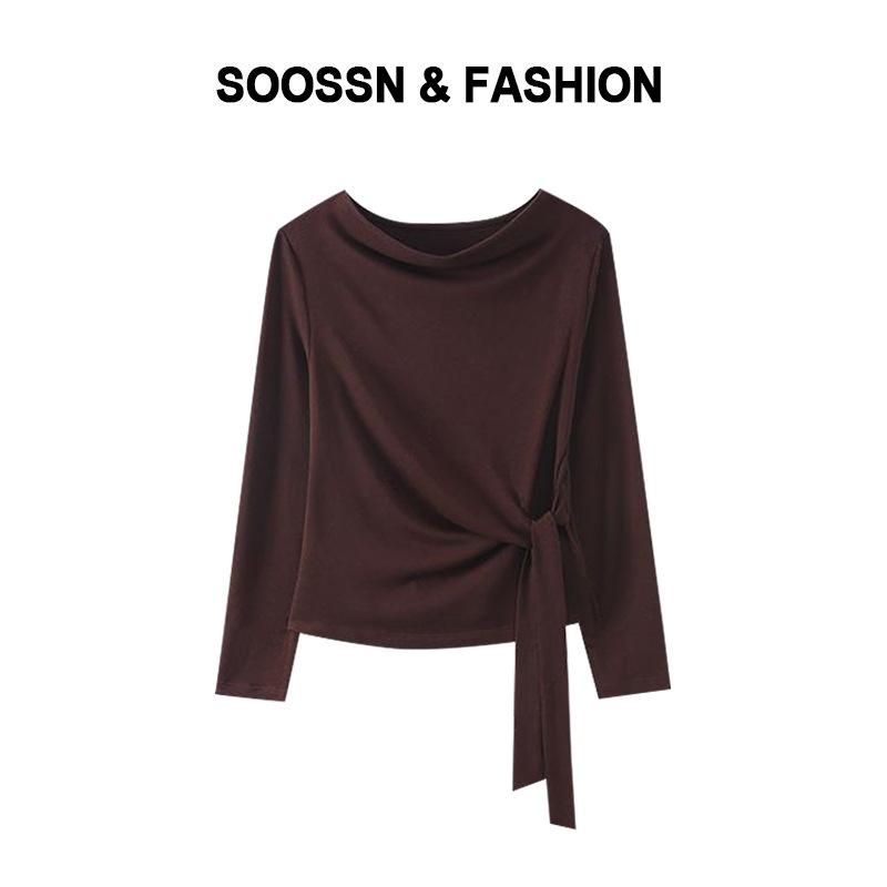 

Женская одежда из тенселя с длинным рукавом, осенняя новинка, модная однотонная модель с воротником-лодочкой, тонкий универсальный топ на шнуровке M