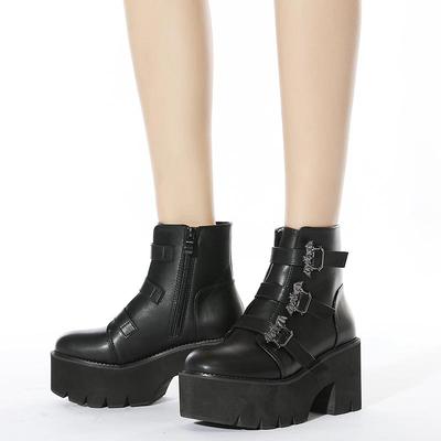 Metal Decoration Bat Demonia Boots Women Platform Heels Black Gothic Ankle Strap Belt Buckle Ladies Short Boots Plus Size
