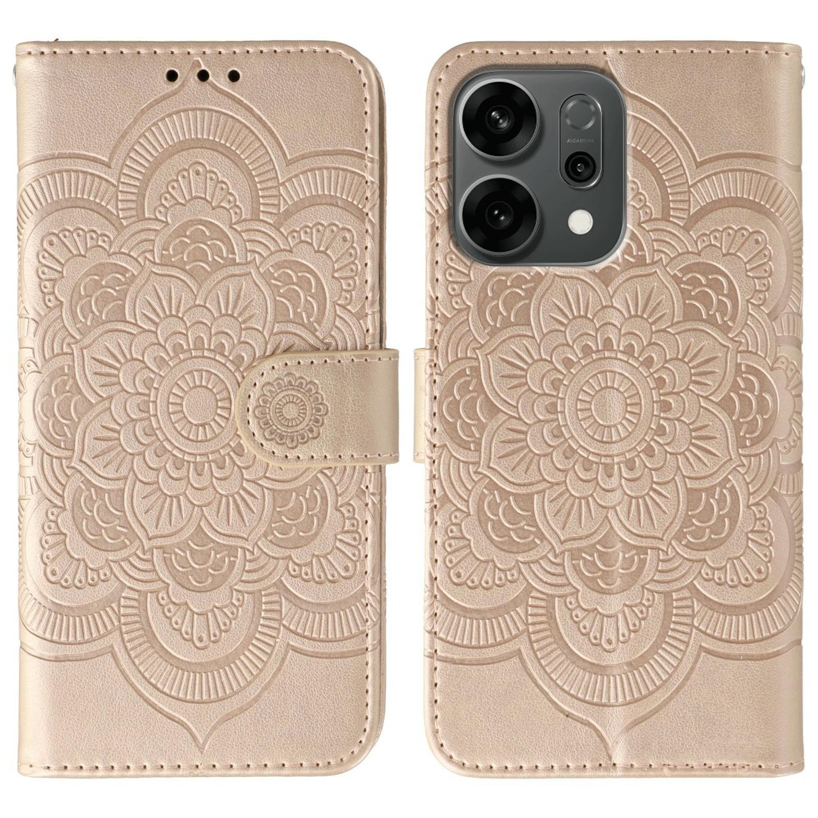 

For Oppo Reno14 5G (Global) Case PU Leather Mandala Imprinted Design Wallet Phone Cover with Wrist Strap Rose Gold