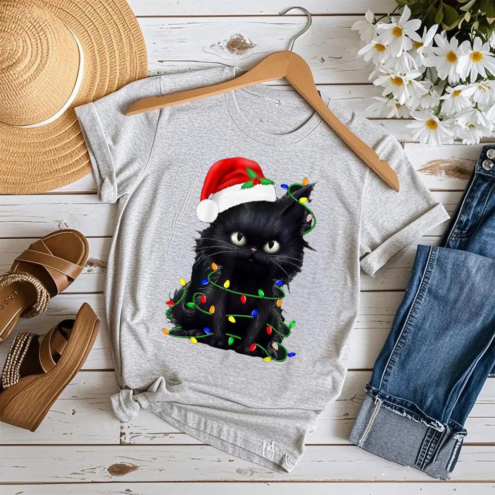 Schwarze Katze Weihnachtsmann Weihnachten Familie Weihnachten Bedrucktes T-Shirt Damen Freizeit-T-Shirt Bequeme Persönlichkeits-Tops Weiche Kleidung