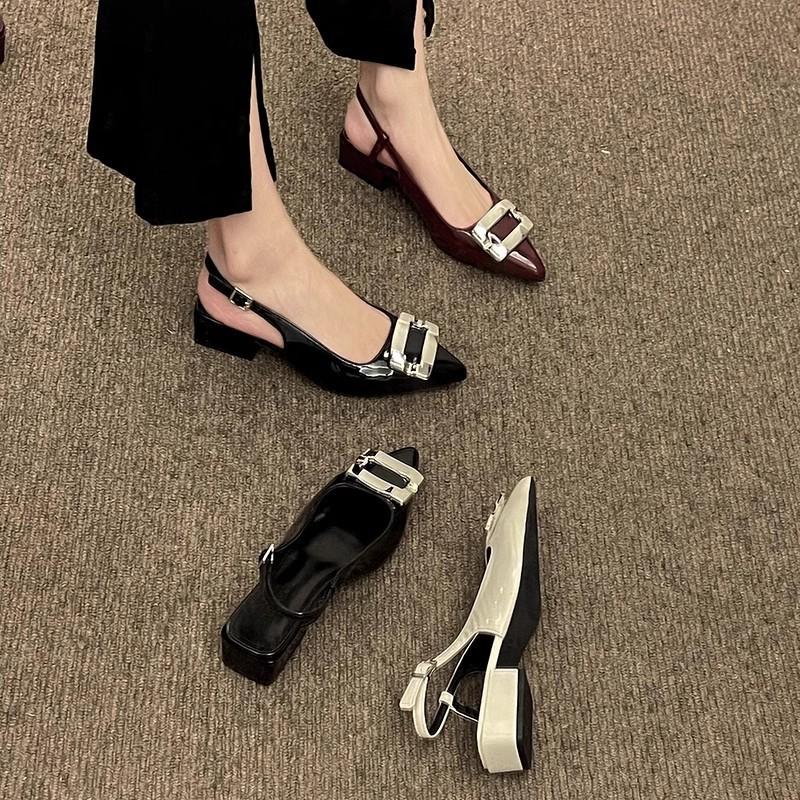 Metal Square Buckle Bag Head Sandals Women's Summer Versatile Thick Heel Pointed Head One Word with Patent Leather Shoes
