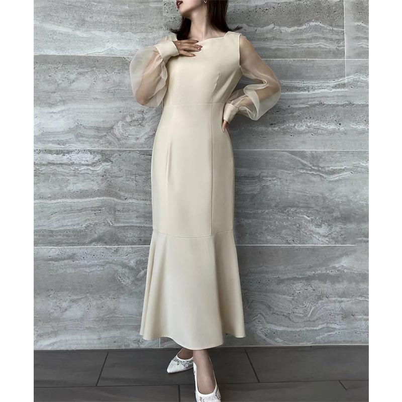 

Платье с длинными рукавами Four Seasons, длинное платье, платье-рыбий хвост, облегающее, темперамент XL абрикосовый