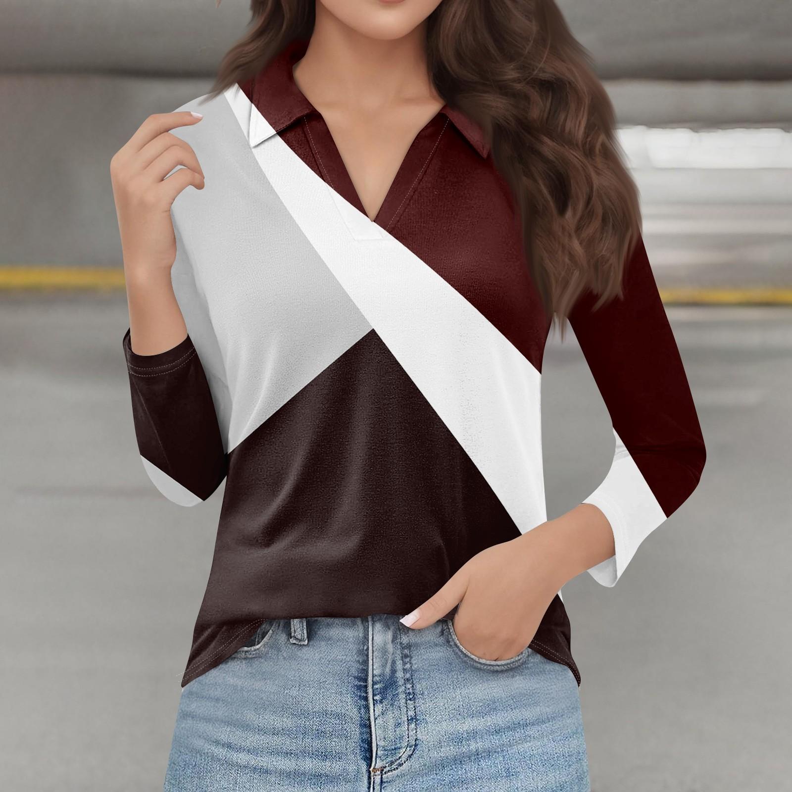 

Женская мода повседневная весенняя футболка с V-образным вырезом и лацканами, длинный рукав XL винный