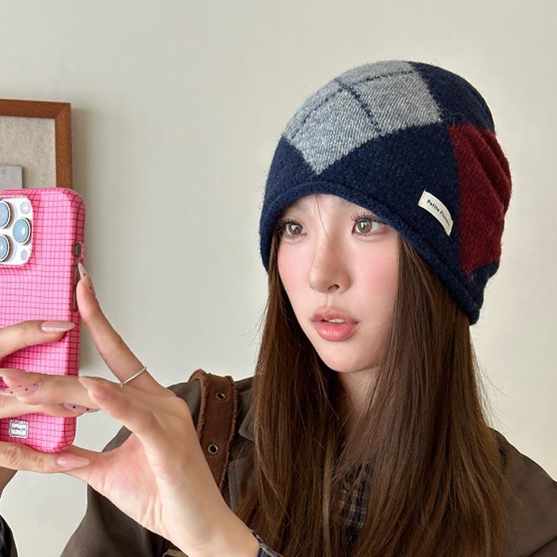Retro Rhombus Color Matching Plaid Knitted Stacking Hat Women's Autumn and Winter Fashion Warm Headgear Big Head Circumference Cover Cold Hat