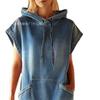 Women Hooded Sleeveless Denim Dress Casual Oversized Pocket Front Knee Length Shift Dress Blue