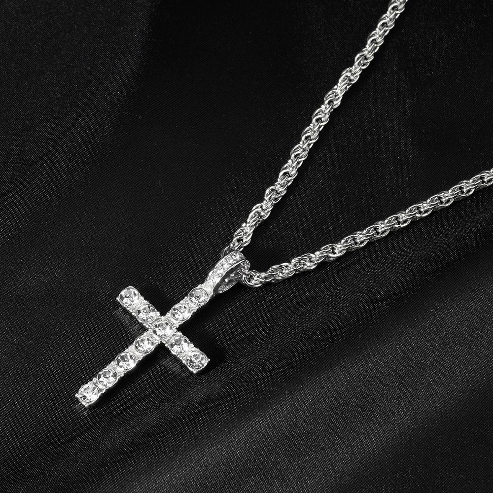 Eco-Friendly European & American Hip-Hop Zinc Alloy Rhinestone Cross Pendant Necklace with 4mm Diamond Tennis Chain