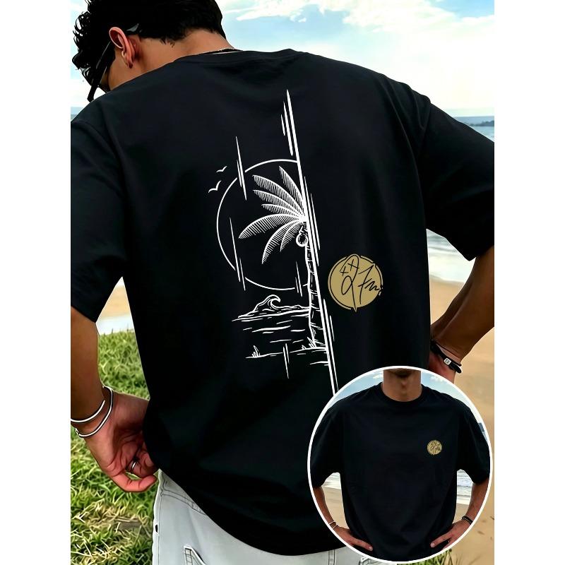New Men's T-Shirt,Palm Tree Wave Print,Summer Casual Breathable,Beach Vacation Daily Wear