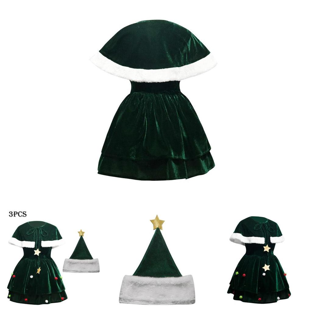 Classic Women Christmas Tree Costume Velvet Dress Cloak Hat Party Props Plus Size