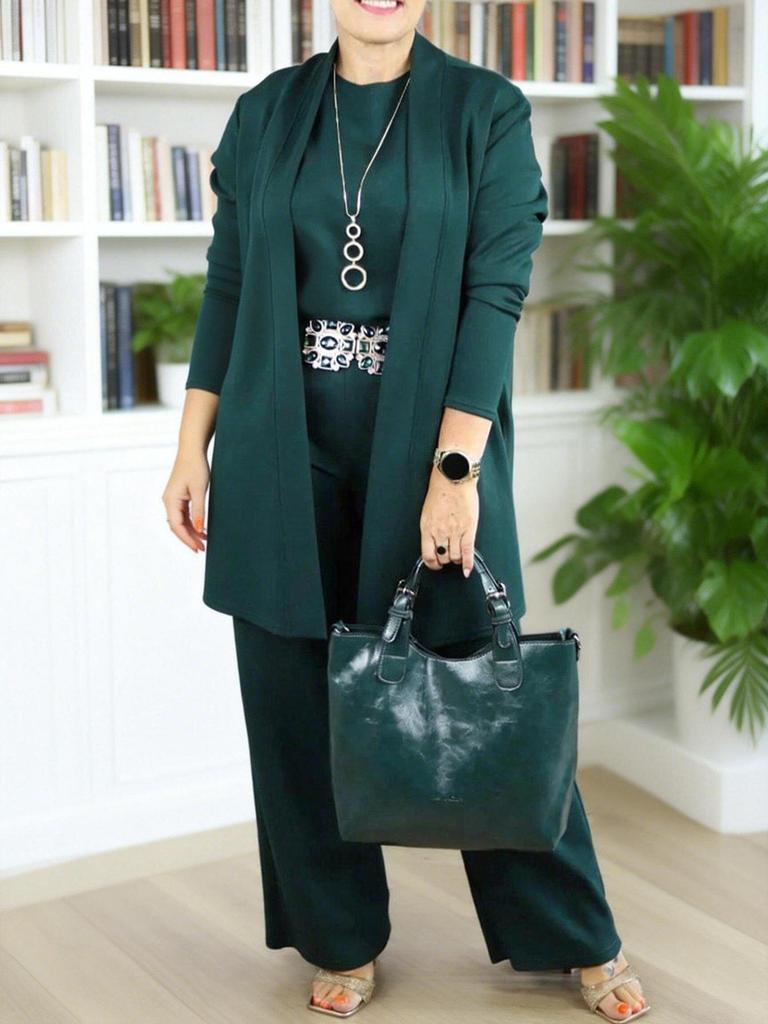 Ensemble trois pièces unicolore pour femme Printemps/Automne 2026: Haut à col rond, Manches courtes, Pantalon long, Manteau de longueur moyenne