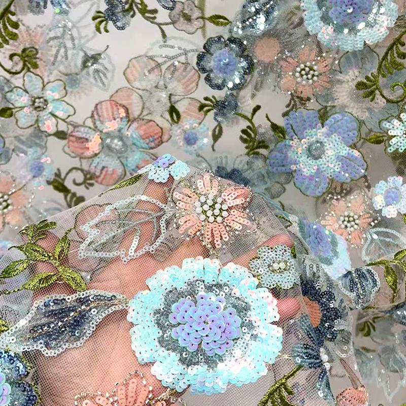 Floral Embroidery Fabric Thin Tulle Lace Wedding Dress Diy Fabric Chic Sequin Flower Embroidered Beads Clothing Accessories