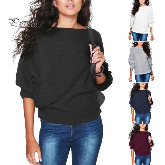 Knitwear Boat Neck Batwing Long Sleeve Ribbed Women Knitted Sweater Autumn Winter Solid Color Loose Top Streetwear Jumper