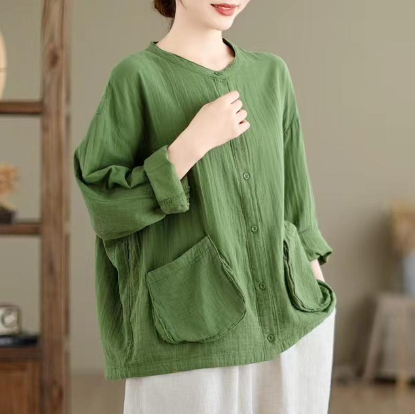 

Johnature Женская осенняя однотонная повседневная свободная рубашка с длинными рукавами в стиле ретро, однобортная рубашка с круглым вырезом в винтажном стиле зелёный