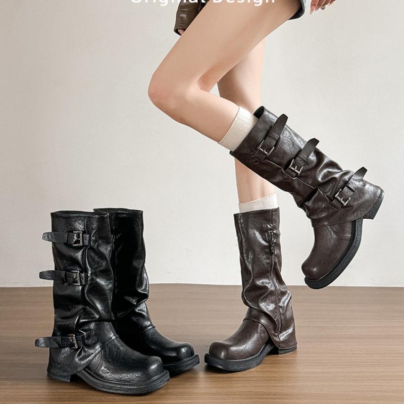 2025 nouveau pantalon tube noir montant bottes tube femme bottes de chevalier cowboy occidental bottes plissées à semelle épaisse