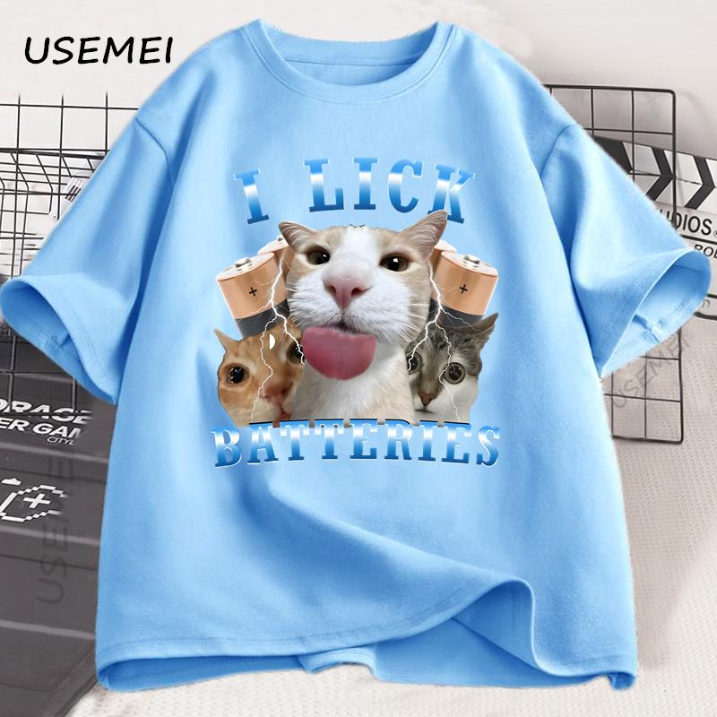 

I Lick Batteries Funny Cat Graphic T Shirts Cotton Short Sleeve O Neck T-shirt Casual Fashion Man Tshirt Short Sleeve Summer 4XL
