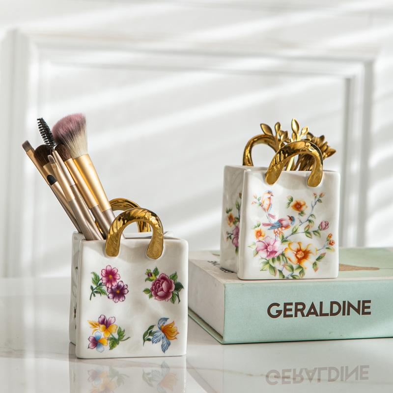 CeramicTote Bag Desktop Storage Container Pen Holder Makeup Brush Diningware Storage Box Retro Floral Handbag Home Decoration