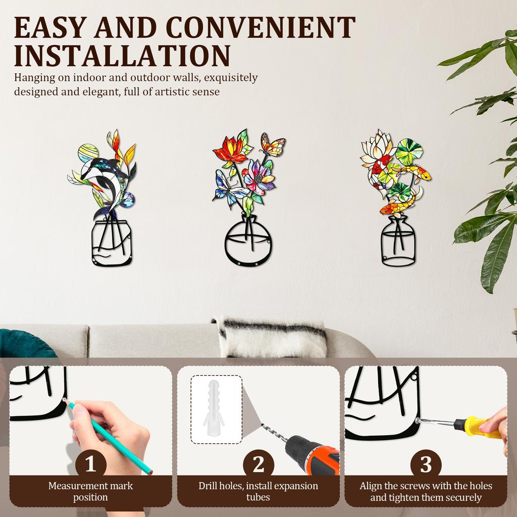 3 Pcs Metal Flowers Wall Decor Flower Wall Art Decorative with Screws Vase Hanging Decoration for Living Room Bedroom Home Decor