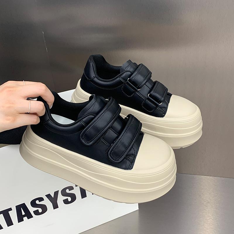 Ugly Cute Leather Velcro Thick-soled Little White Shoes Women's 2025 Autumn New Models Increase Height and Show Feet, Small Board Shoes, Big Head Sho