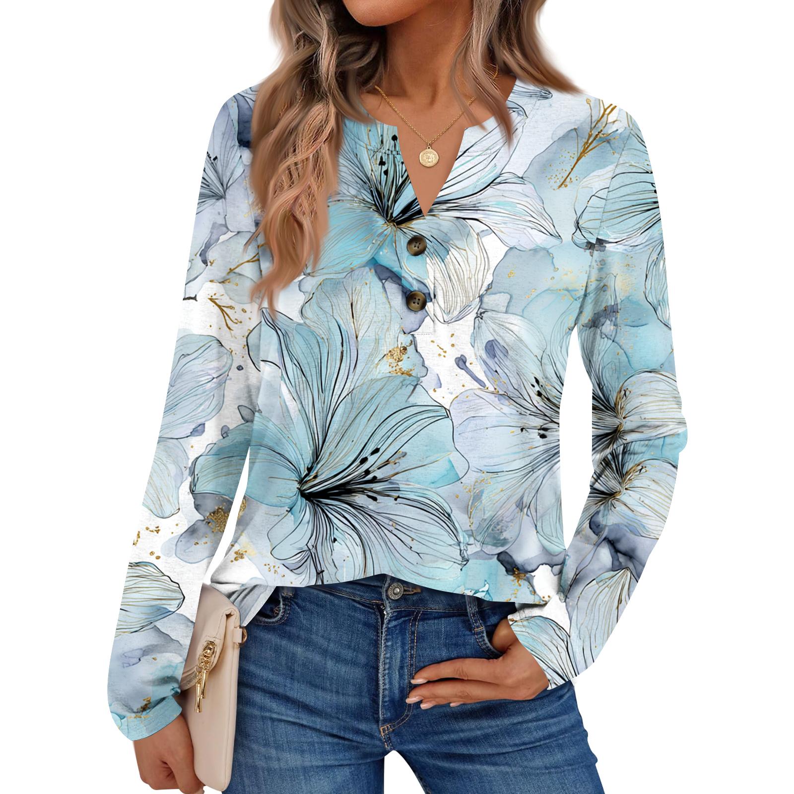 

Женская рубашка с цветочным принтом, с длинным рукавом, элегантные повседневные топы, модная рубашка XL небесно-голубой