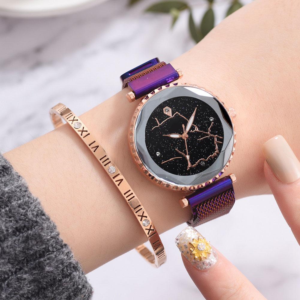 Vintage Women Lady Alloy Watch Mesh Strap Round Dial Quartz Wristwatch (Purple)