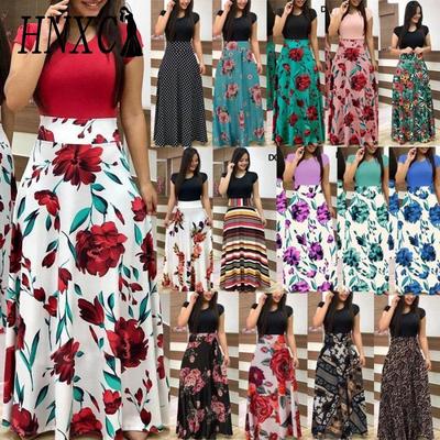 Vestido Boho Feminino de Verão com Patchwork e Estampa Floral, Manga Curta, Decote O, Grande Roda, Vestidos Longos
