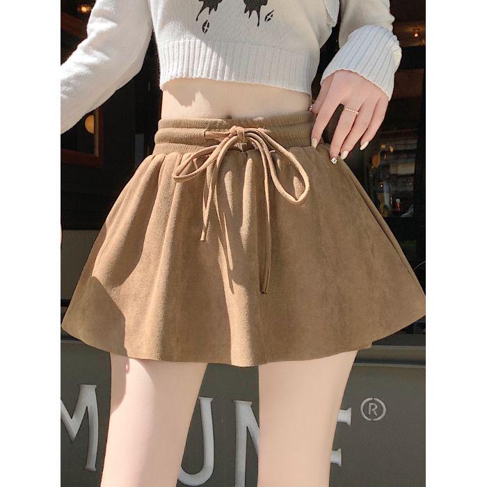 High-Waisted Autumn Winter Suede A-Line Short Skirt with Slimming Anti-Exposure Design S хаки