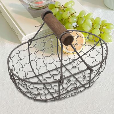 Iron Fruit Vegetable Basket with Wooden Handle Bread Basket Storing Food Photography Props for Home Kitchen Living Room