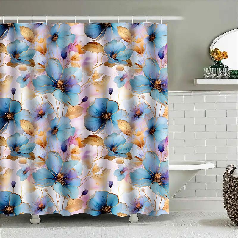 Blue Flowers Shower Curtain Bathroom Decor Waterproof Fabric Wall Hanging Home Decoration Modern Style 3D Print Pattern Personal