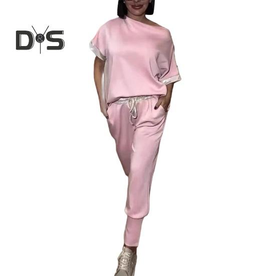 

2 шт./комплект женский комплект с открытыми плечами короткий рукав пайетки сращивание манжеты топы эластичный шнурок талия длинные брюки комплект M розовый