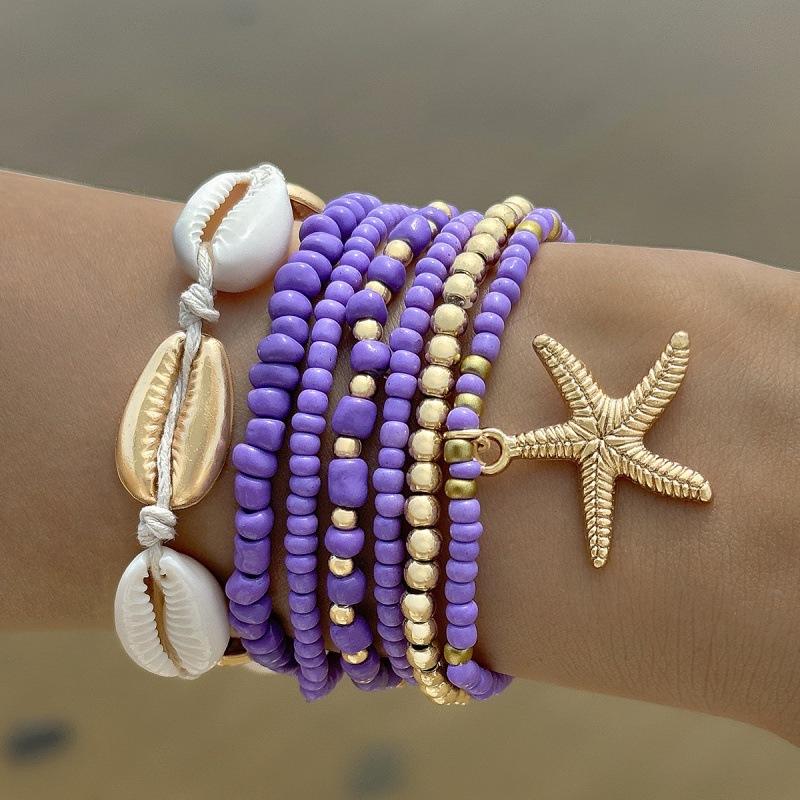 New, Bohemian vacation wind shell beaded woven bracelet, beach wind starfish rice beads seven-piece set
