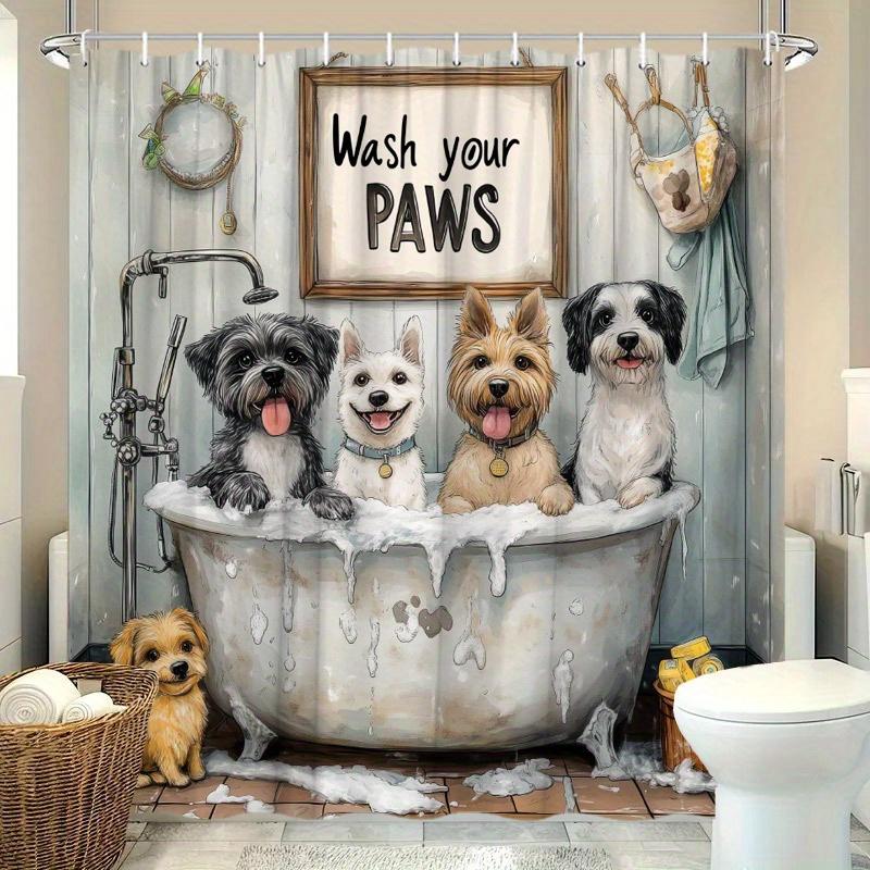 Cute Dogs in Bathtub 3D Waterproof Shower Curtain - Adorable Pet Theme Bathroom Decor, Unique and Fun Design