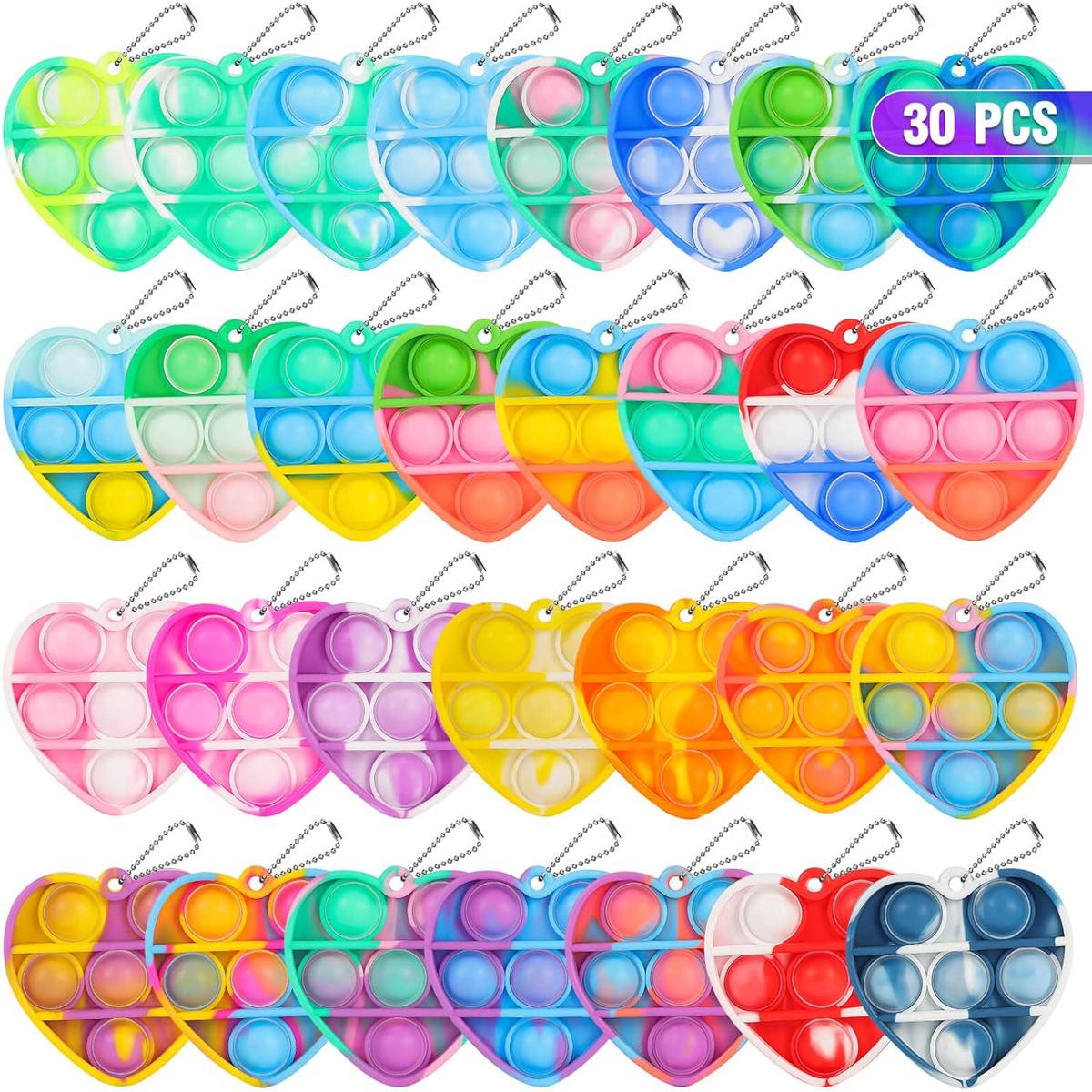 

30Pcs Pop Keychain It Fidgeting Toys Bracelet Heart Key Ring Rainbow Tactile Toys Set Pack Bulk Classroom Prizes Party Favors
