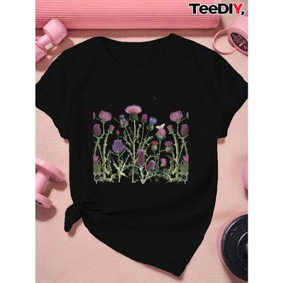 Women Sports Short Sleeve T-Shirt Thistle Botanical Garden Illustration Casual Sports Top