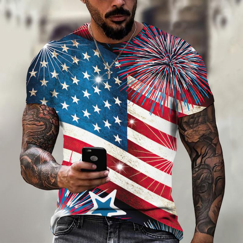 Letní tričko Muži Krátký 3D potisk Módní topy Ležérní Tričko Americká vlajka Košile s rukávem Harajuku Tričko nadměrné velikosti Street Clothing