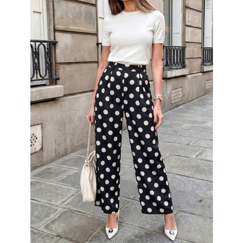 Women's Black White Polka Dot Wide Leg Pants High Waist Front Pleated Back Elastic Loose Casual Straight Trousers